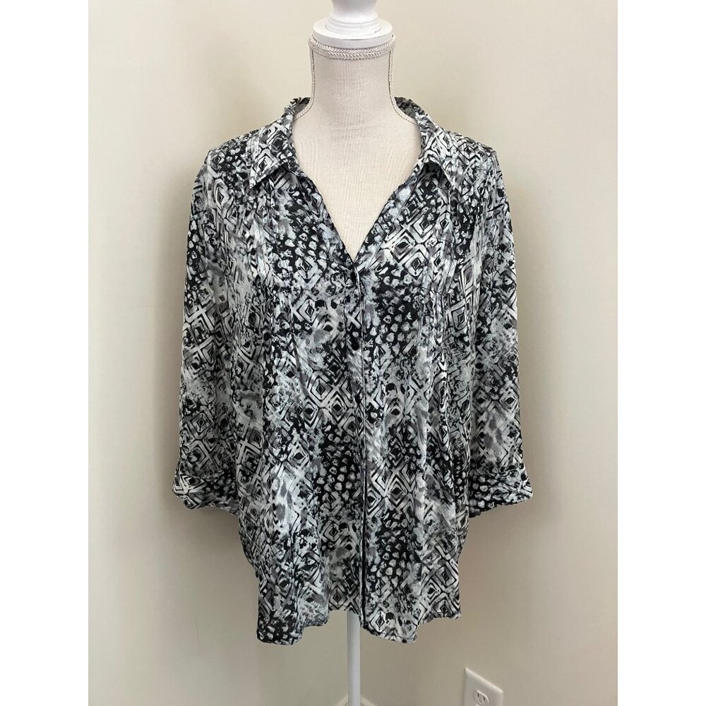Gloria Vanderbilt Black Gray Print Collared 3/4 Sleeve Top Size Large